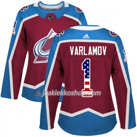 Nainen NHL Colorado Avalanche Pelipaita Semyon Varlamov 1 Adidas 2017-2018 Burgundy Punainen USA Flag Fashion Authentic